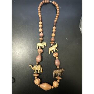 Vintage Safari African Animal Carved Wood Bead‎ Necklace Brown/Tan